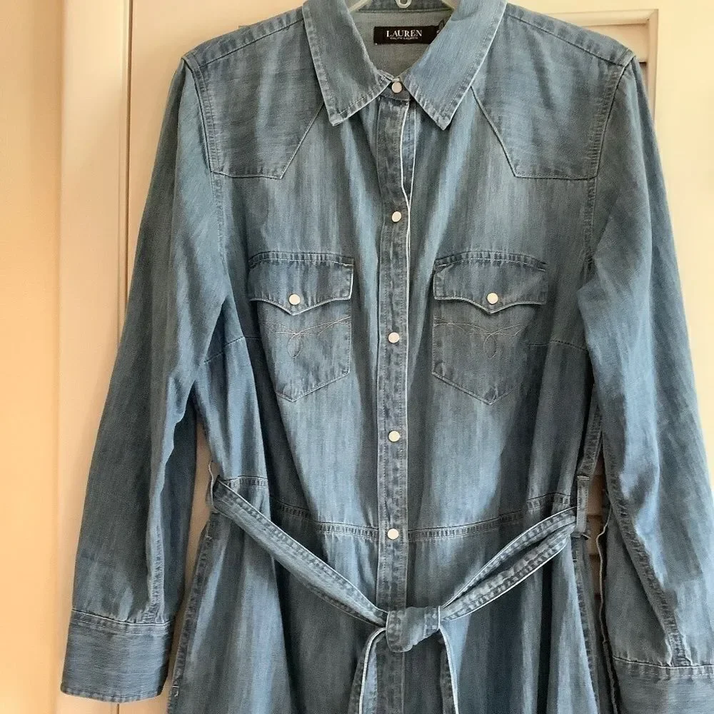 LAUREN RALPH LAUREN BLUE WASH DENIM BUTTON DOWN COTTON SHIRTDRESS SIZE U…